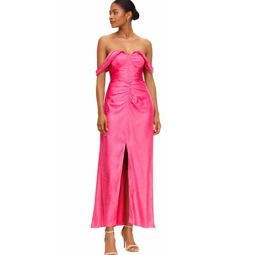SELF-PORTRAIT Dress 2 Pink Satin Off Shoulder Formal Prom Cocktail Maxi Long‎